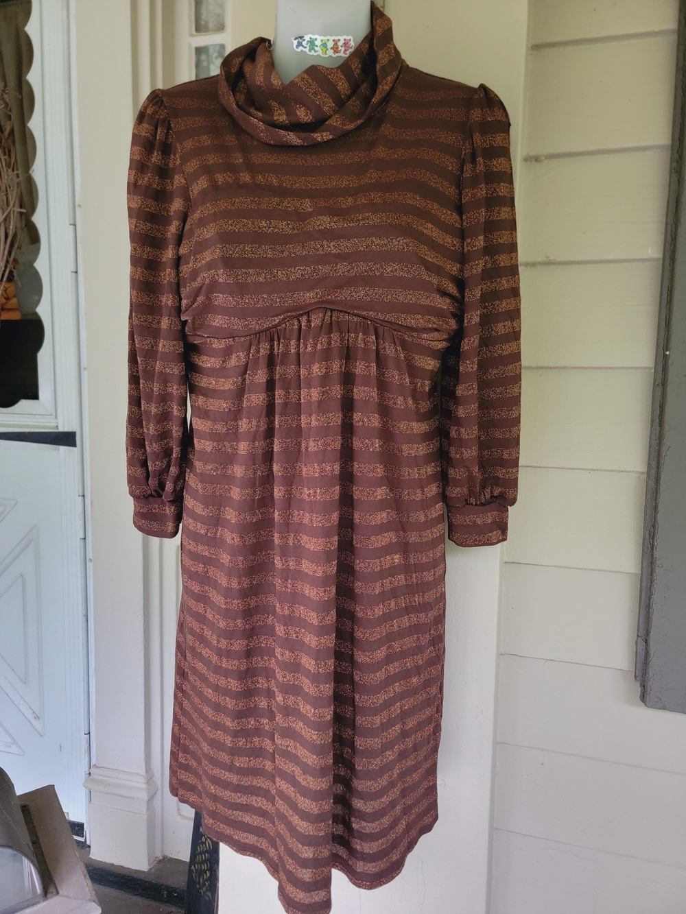 Vava by Joy Han Brown Glittery Striped Long Sleeve Cowl Neck Dress Y2k Disco